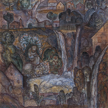painting of dark purples, blues, greens and oranges depicting various houses, waterfalls and figures